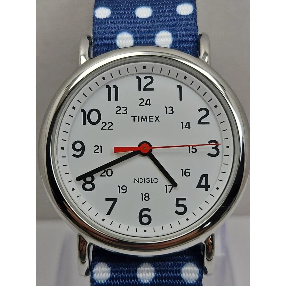 Timex Weekender Dots Womens 38mm Indiglo Blue Polka Dot Quartz Watch New Battery